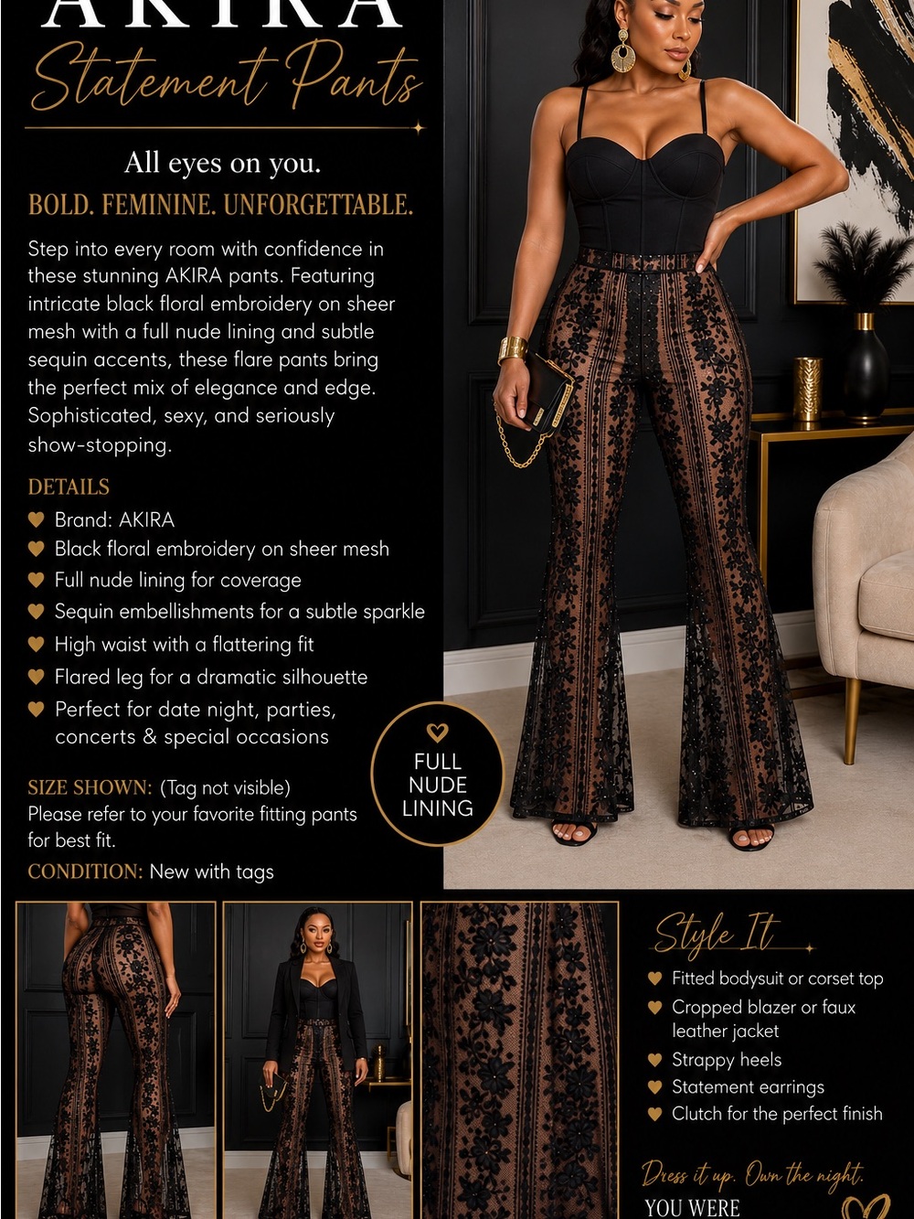 AKIRA Black Sheer Floral Embroidered Wide Leg Pants